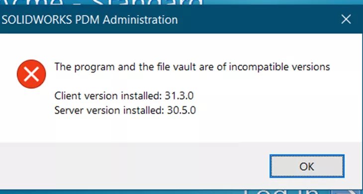 SOLIDWORKS PDM Fout Het programma en de bestandskluis zijn onverenigbare versies.
