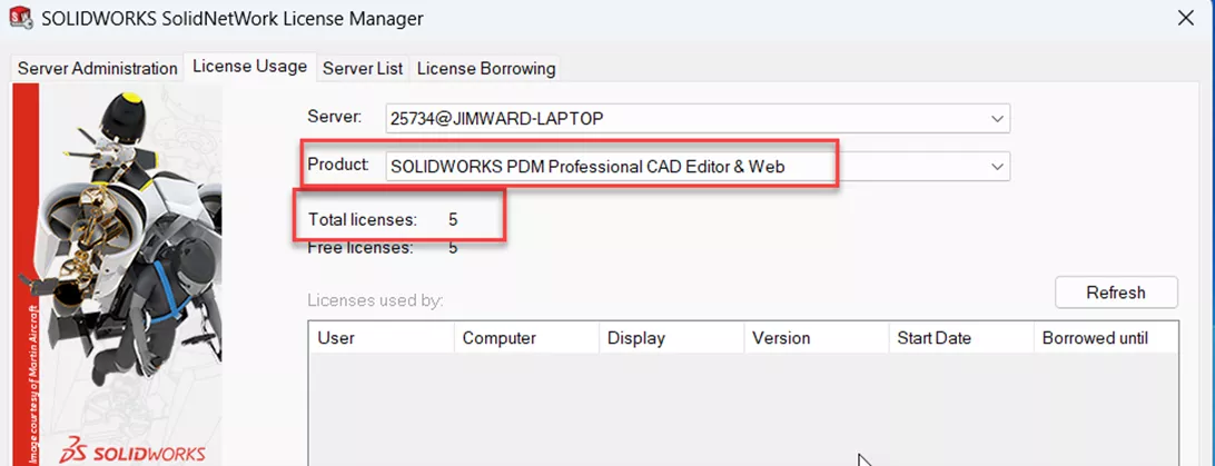 SOLIDWORKS SolidNetWork License Manager Totaal aantal licenties 