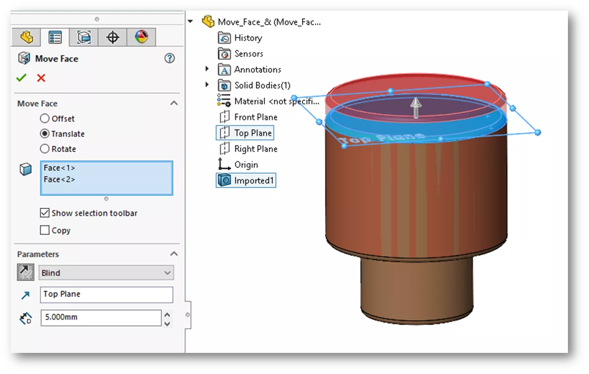 Example of Using Move Face in SOLIDWORKS