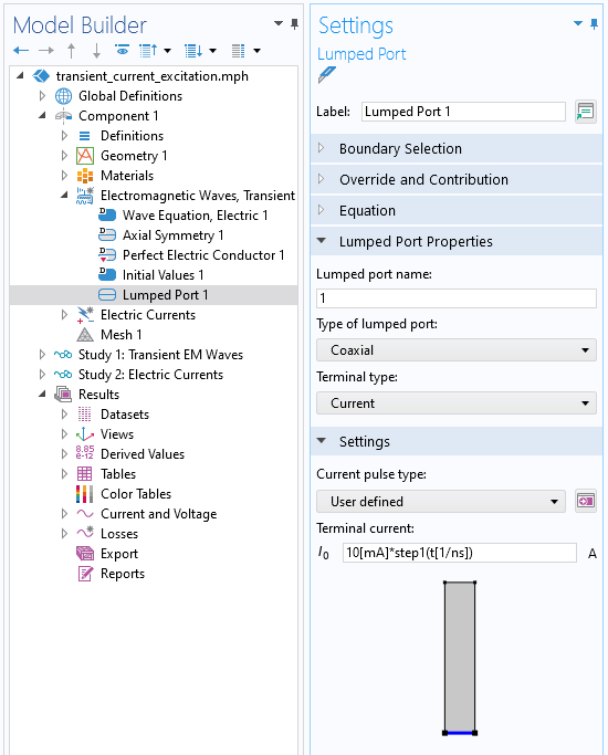 A close-up view of the COMSOL Multiphysics UI showing the Model Builder with the Lumped Port boundary condition highlighted and the corresponding Settings window with the Lumped Port Properties and Settings section expanded.