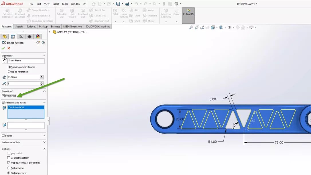 SOLIDWORKS 2024 Linear Pattern Symmetric Options 