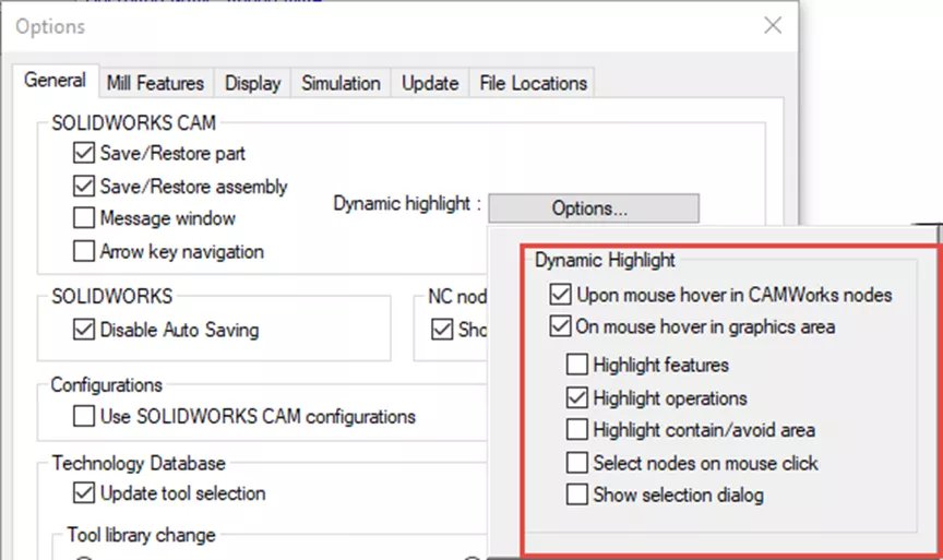 Opciones de resaltado dinámico de SOLIDWORKS CAM 2024 