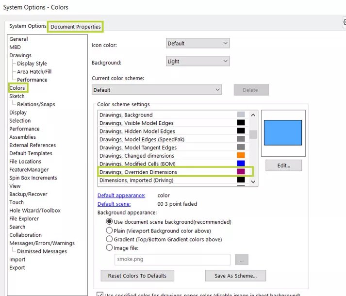 SOLIDWORKS Drawings Document Properties Color Options for Overridden Dimensions