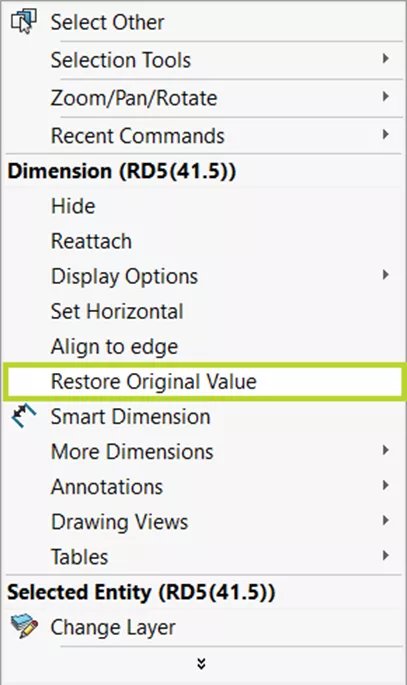 Restore Original Value Option in SOLIDWORKS 2024 