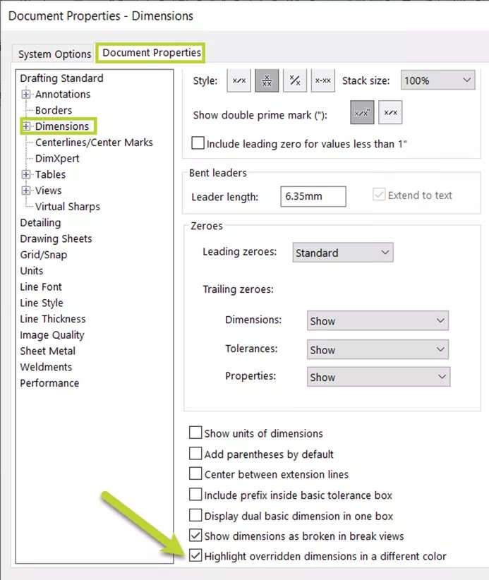 How to Highlight Overridden Dimensions in a Different Color in SOLIDWORKS 