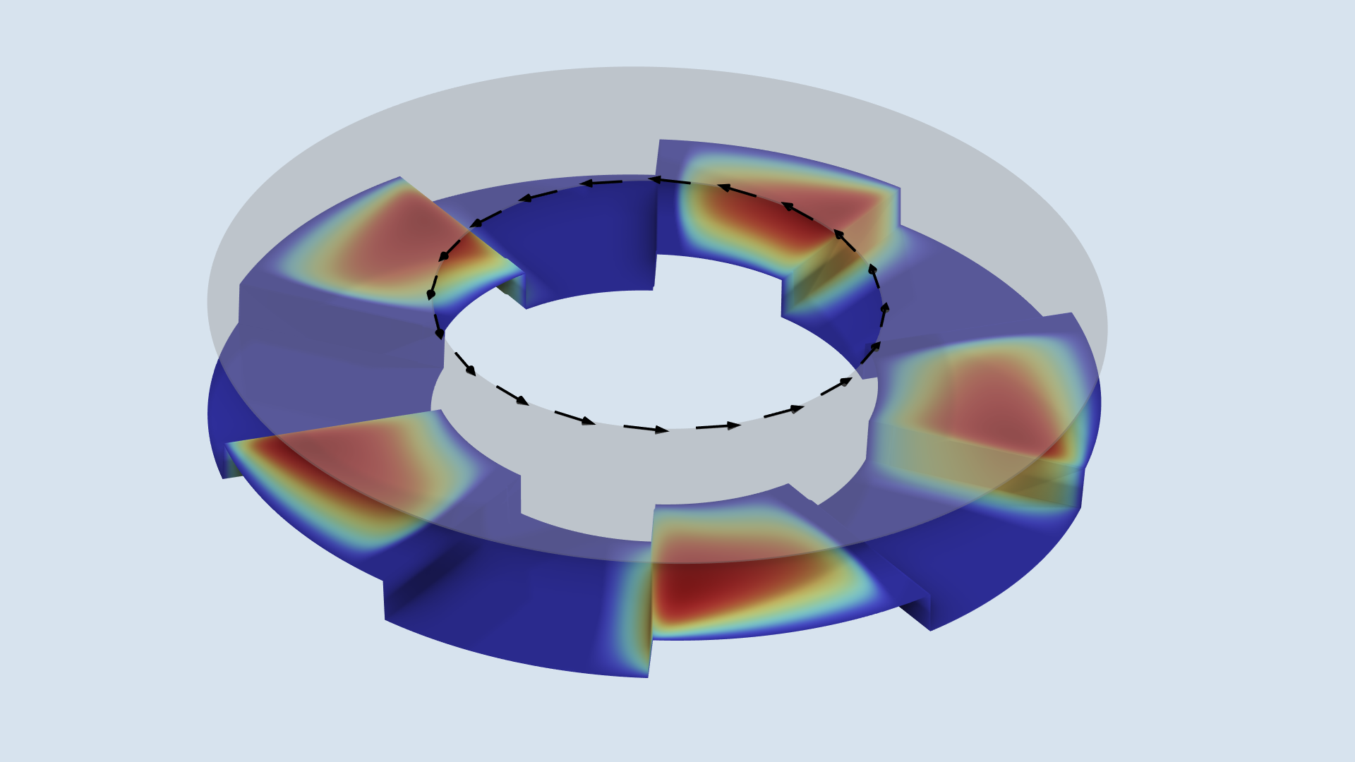 A model of a step thrust bearing in the Rainbow color table.