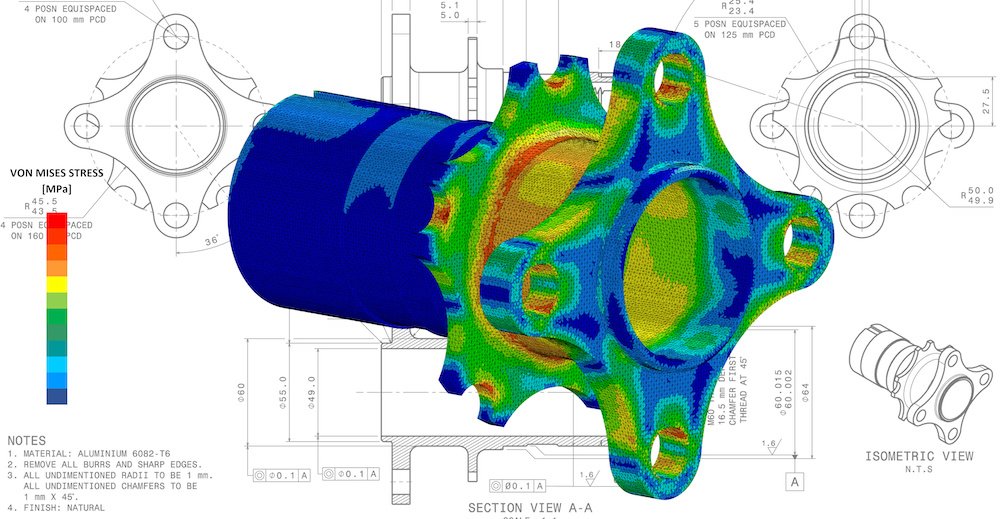 3D Illustration. Von Mises stress isometric view of car suspension hub with scale on top of engineering technical drawing