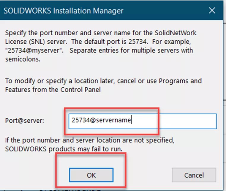 Menedżer instalacji SOLIDWORKS Określ numer portu i nazwę serwera dla serwera licencji SolidNetWork. 