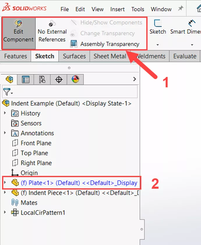 Edited Part in SOLIDWORKS FeatureManager Design Tree with Blue Text