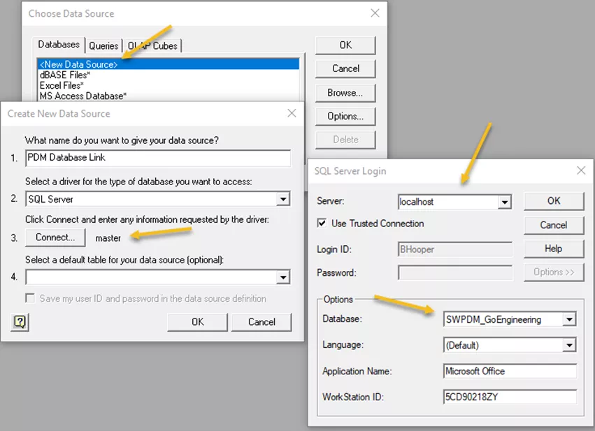 Create New Data Source SOLIDWORK PDM Dynamic Reporting with Excel 