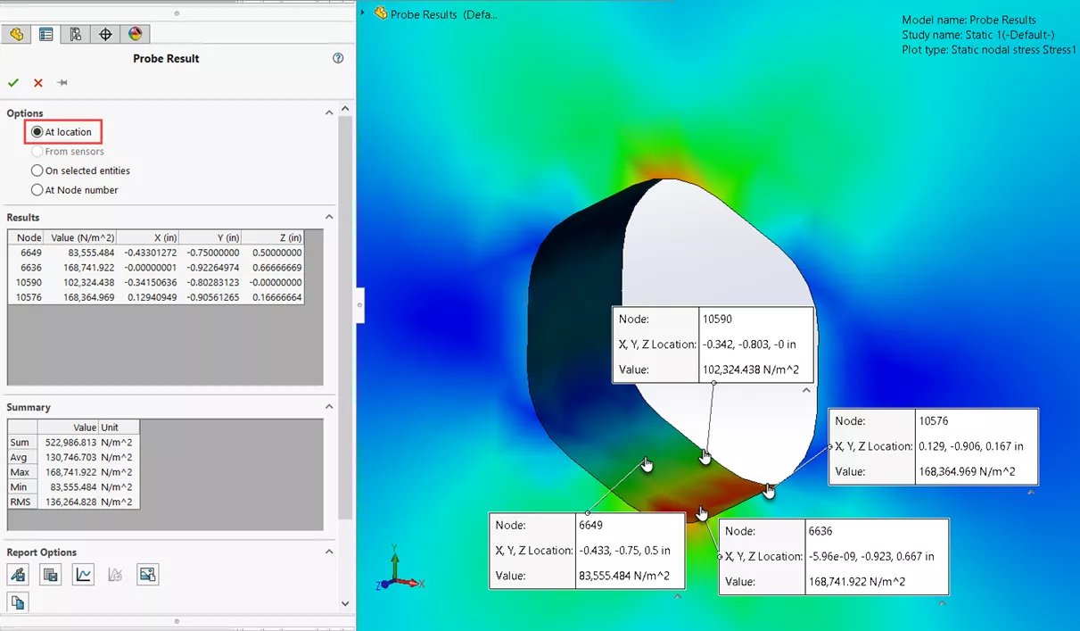 At Location SOLIDWORKS Simulation Probe Result Option