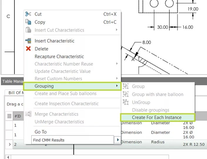 SOLIDWORKS Inspection Create for Each Instance Option