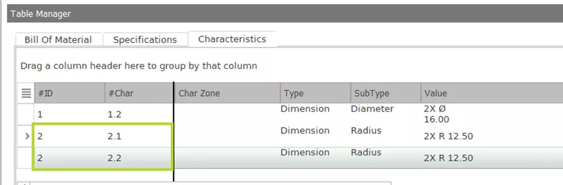 SOLIDWORKS Inspection Standalone Table Manager Characteristics