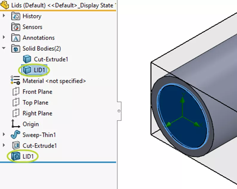 Drzewo projektu FeatureManager SOLIDWORKS Flow Simulation z funkcją pokrywy i bryłą