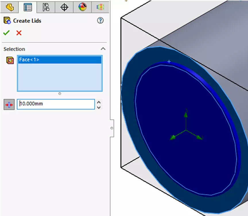 Menedżer właściwości PropertyManager Utwórz pokrywy po wybraniu ściany w SOLIDWORKS Flow Simulation