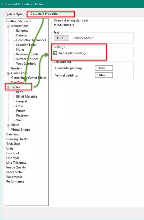 SOLIDWORKS Document Properties - Tables Options 