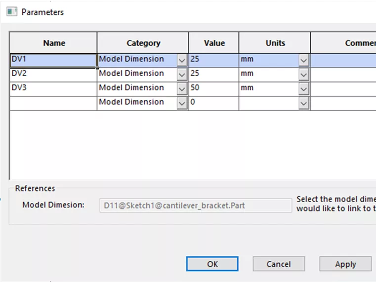 Parameters Dialog SOLIDWORKS Simulation Model Dimensions