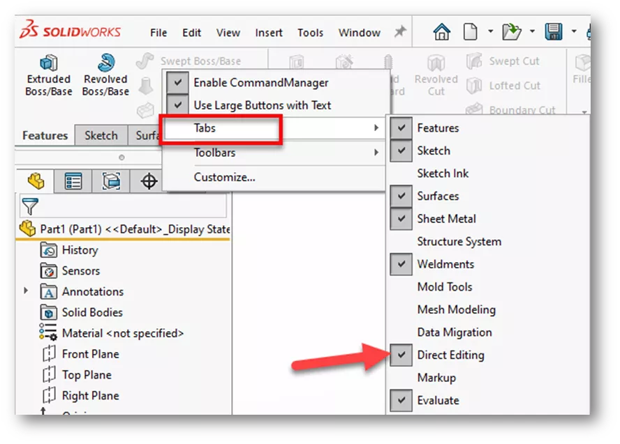 How to Turn on Direct Editing in SOLIDWORKS 