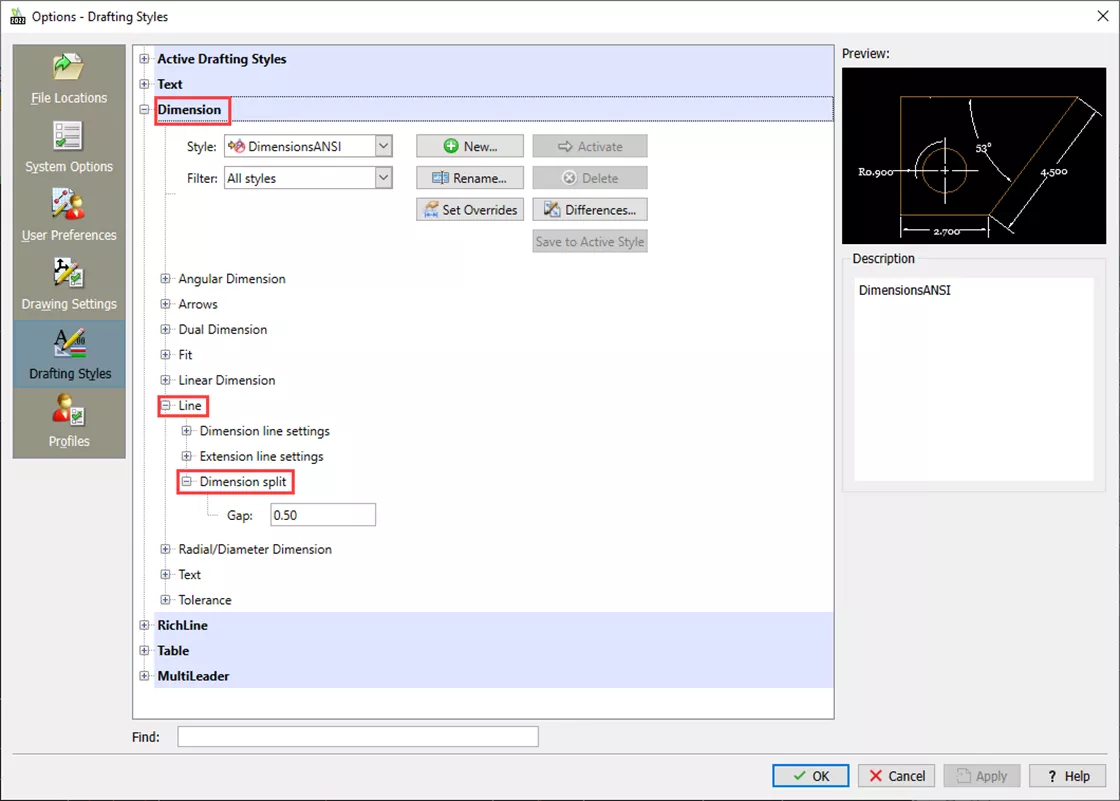 DraftSight Dimension Split Access