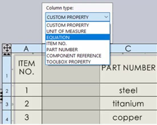 SOLIDWORKS نوع عمود معادلة BOM 