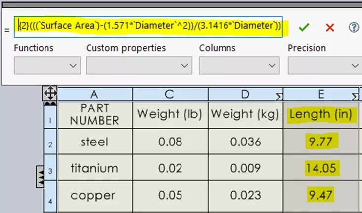 SOLIDWORKS معادلات طول فاتورة المواد 