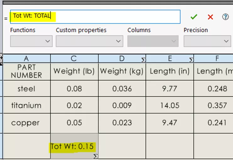 وظيفة العلامة SOLIDWORKS BOM 