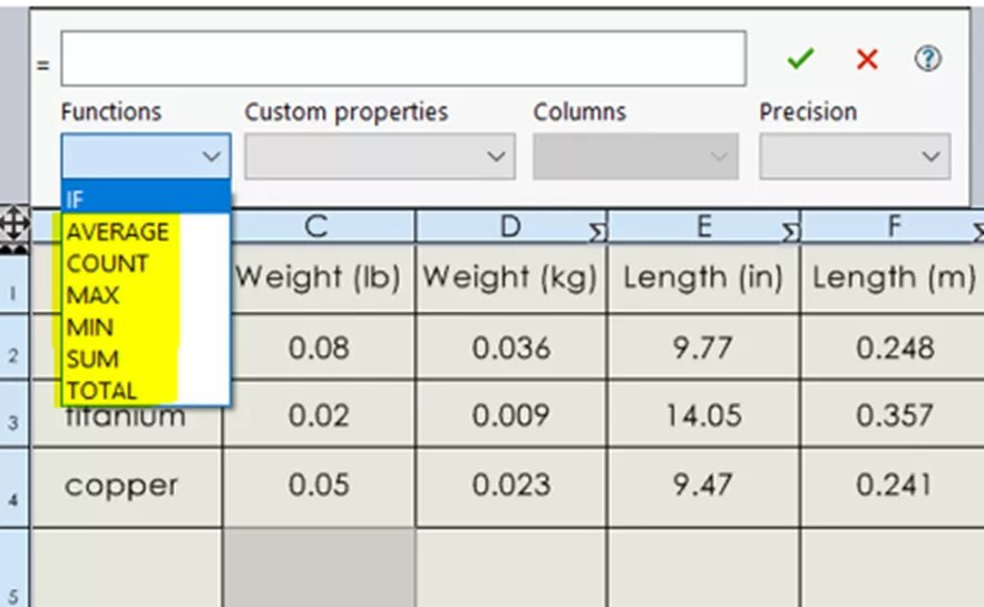 خيارات الوظائف في جداول SOLIDWORKS BOM 