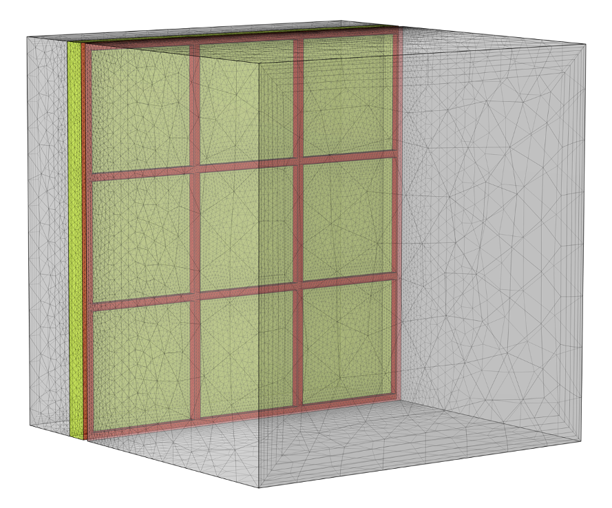 A mesh of the air filter and open fluid domains, where the filter is more densely meshed than the domains.