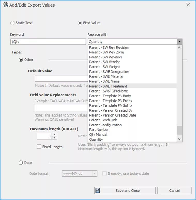 Importar datos de palabras clave en el diálogo Añadir/Editar valores de exportación en SOLIDWORKS Manage 