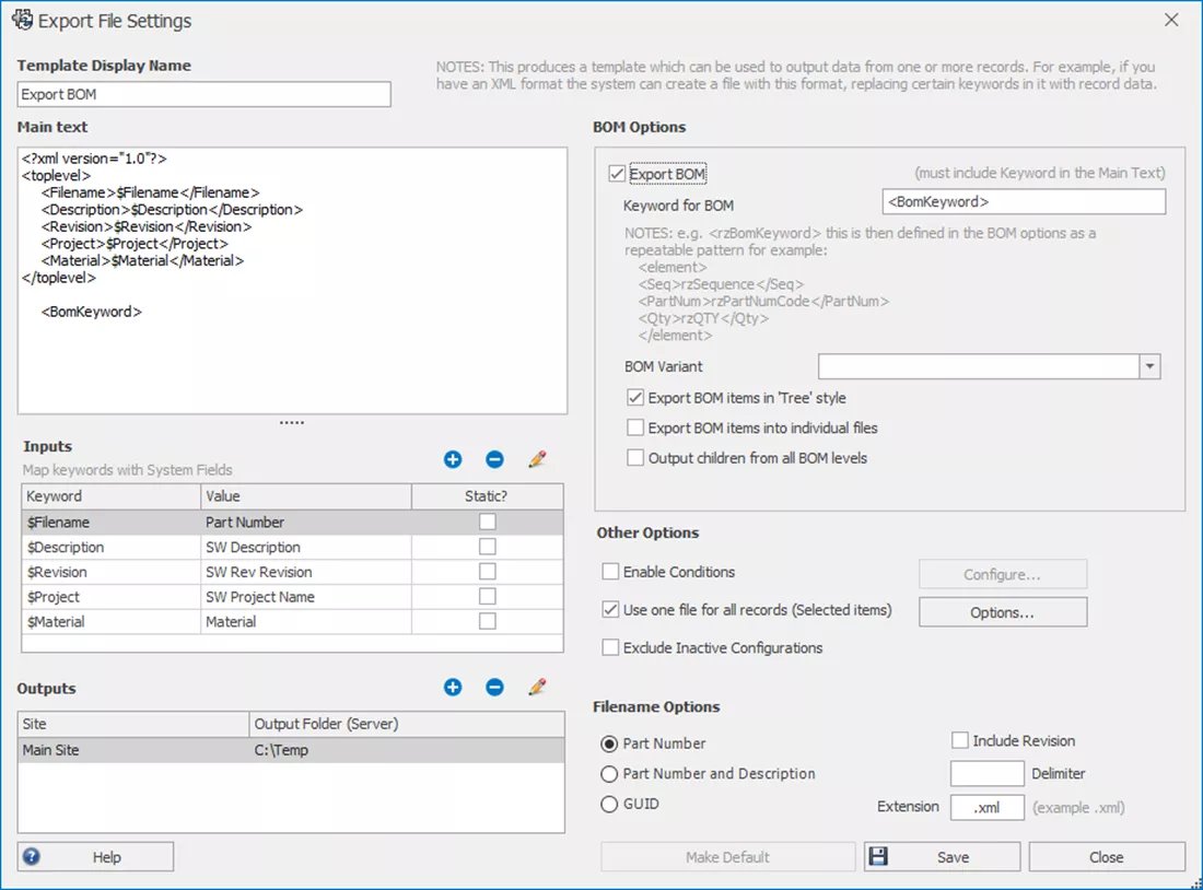 Configuración de archivos de exportación en SOLIDWORKS Manage