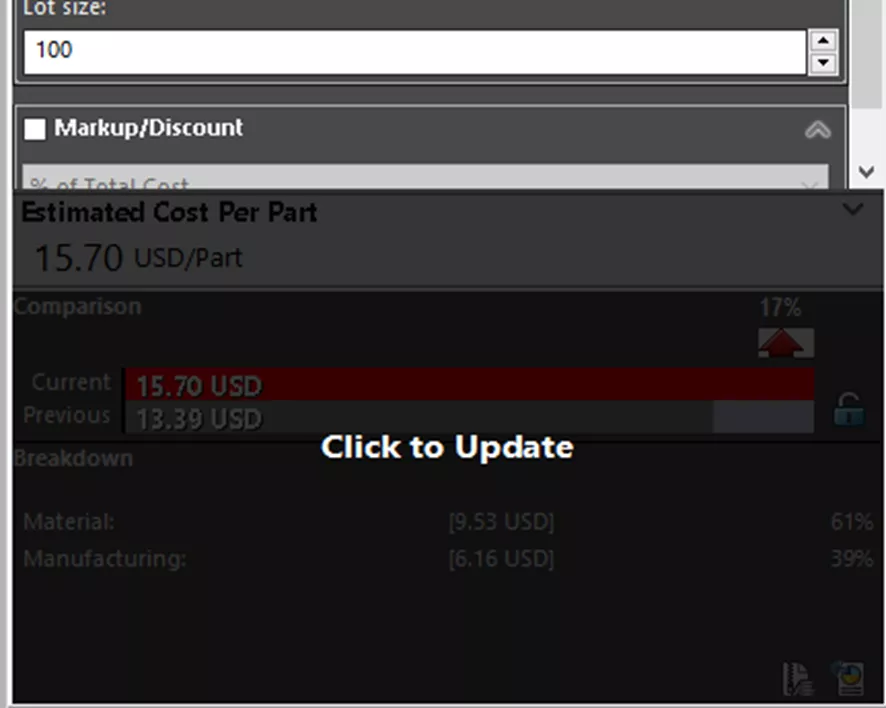 SOLIDWORKS Costing Klikken om bij te werken Optie 