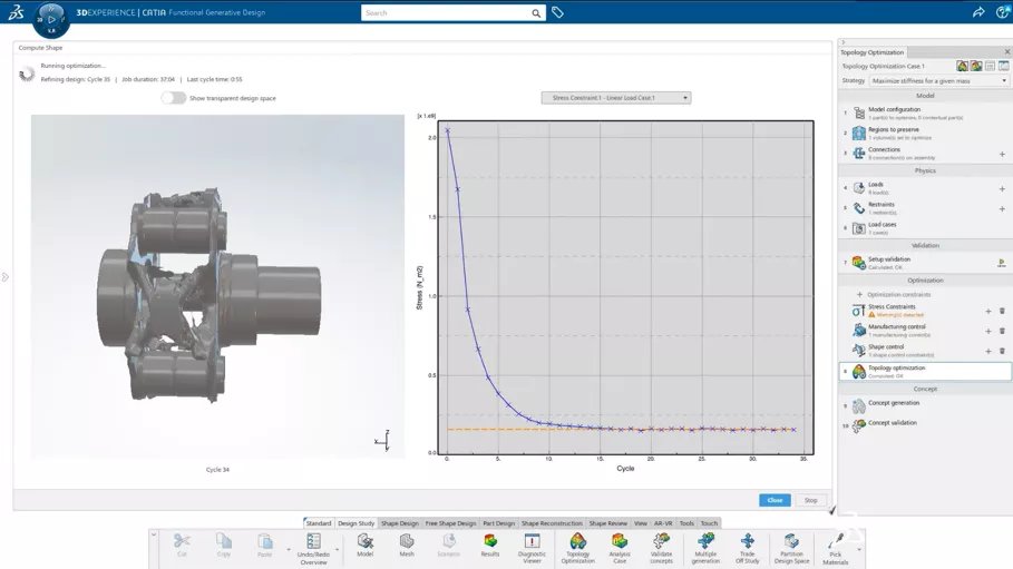 Topologie optimalisatie met behulp van de setup wizard op het 3DEXPERIENCE Platform.