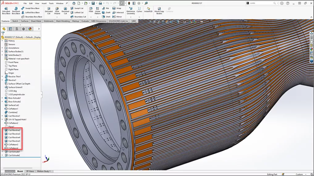 Desempenho de montagens grandes do SOLIDWORKS com o Cut Revolve