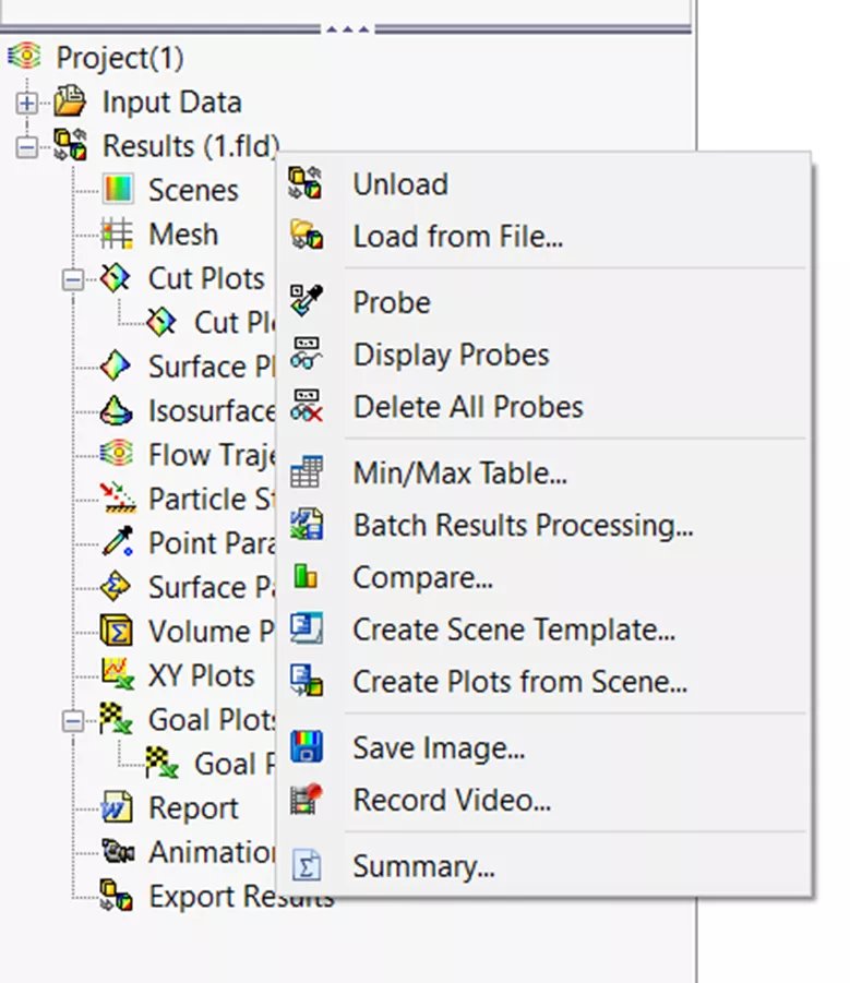 الوصول إلى أدوات تحليل النتائج في محاكاة التدفق في SOLIDWORKS 