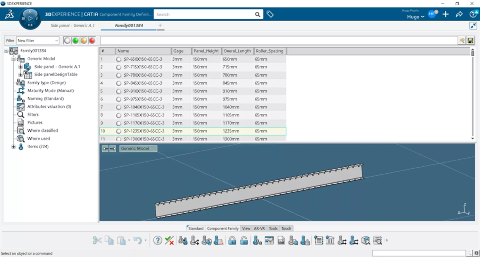 3DEXPERIENCE CATIA 스프레드시트를 사용하여 컴포넌트 패밀리 만들기