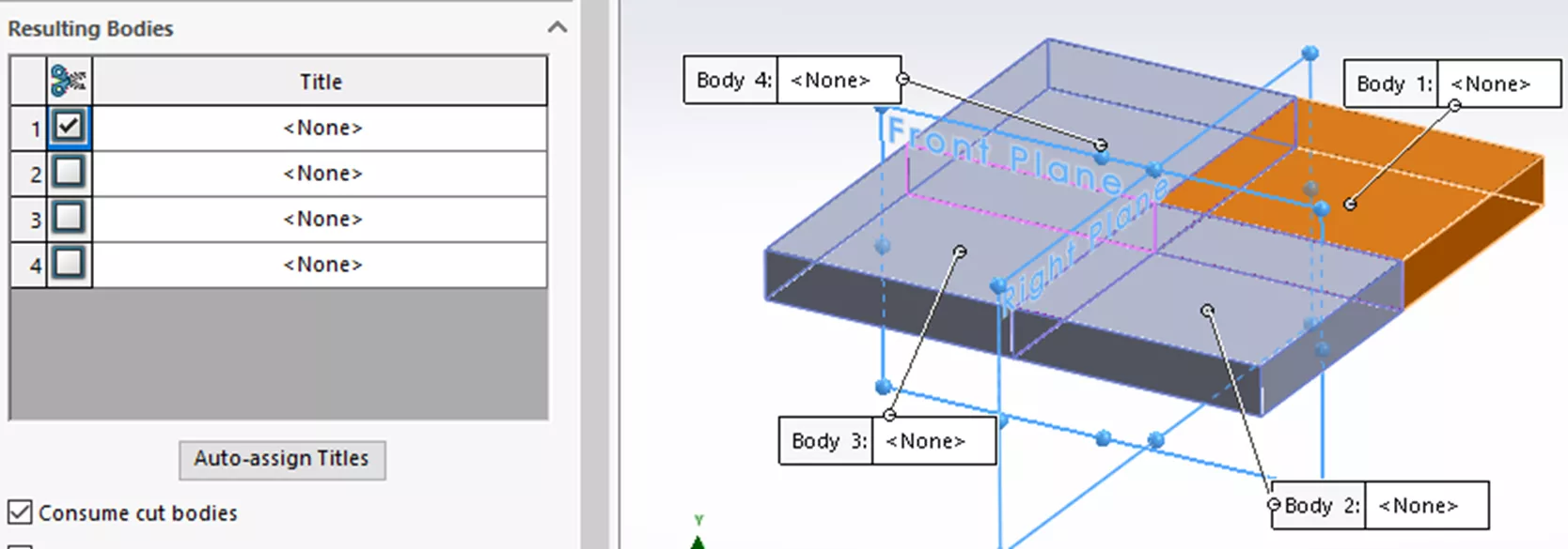 Commande fractionnée de SOLIDWORKS et compréhension des corps résultants