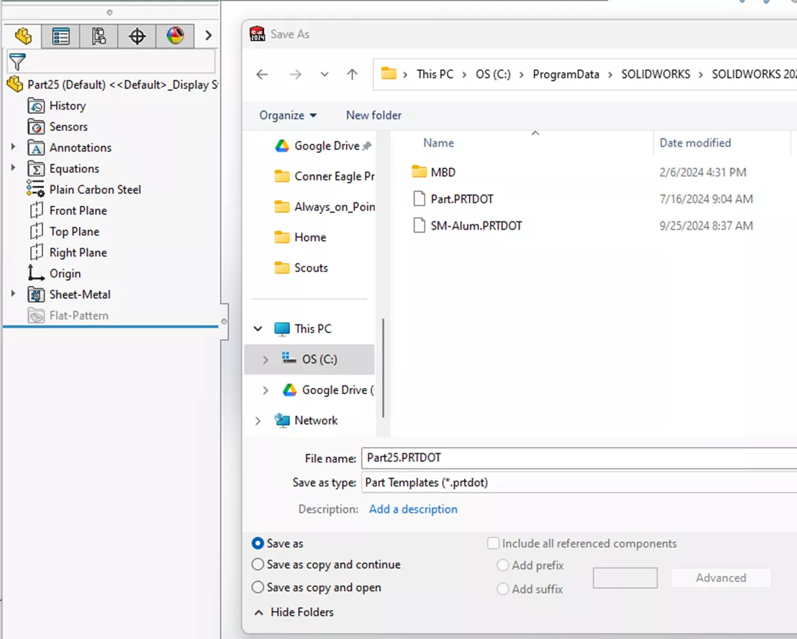 SOLIDWORKS Teilvorlage speichern