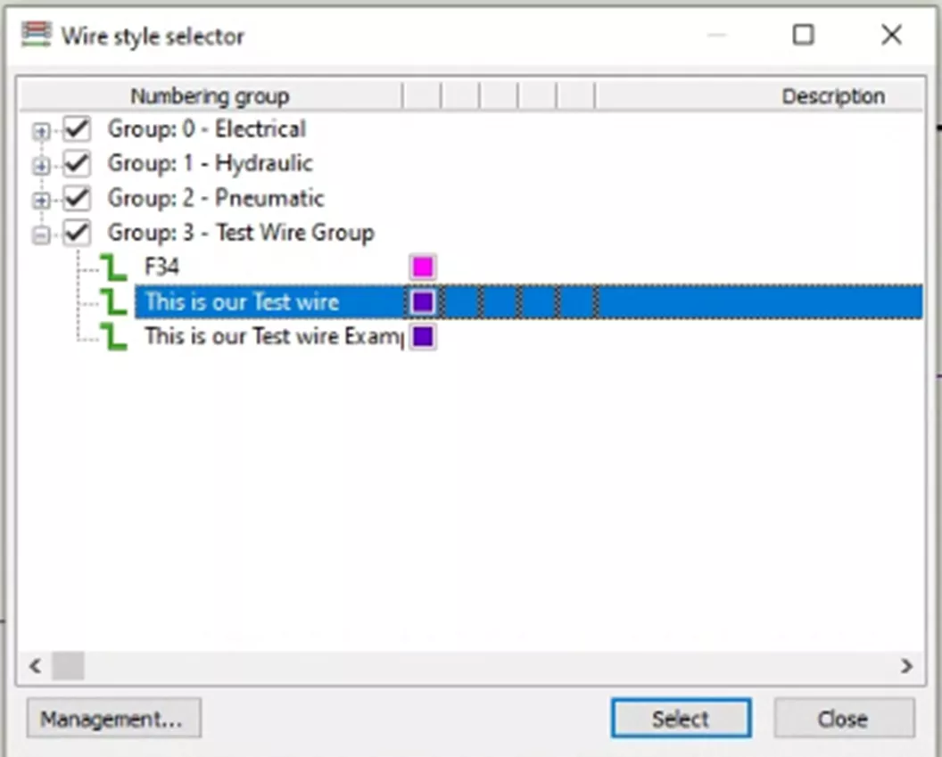 SOLIDWORKS Electrical에서 사용자 지정 전선 스타일 선택