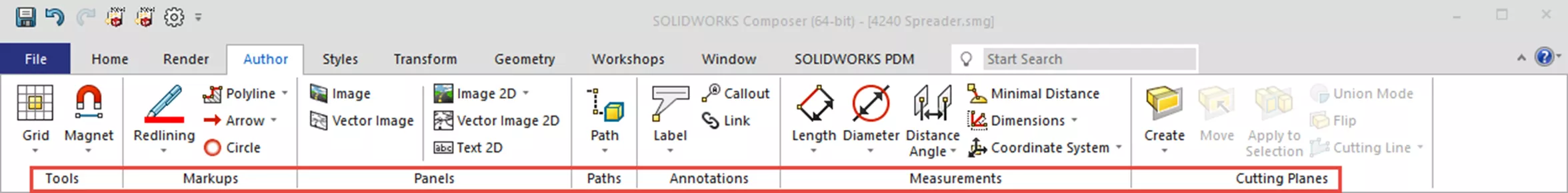 SOLIDWORKS Composer Onglet Auteurs Accès aux familles