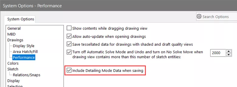 저장 시 디테일링 모드 데이터를 포함하는 SOLIDWORKS 시스템 옵션
